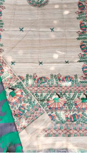 Tussar Ghicga Silk Hand Madhubani Painting Dupatta
