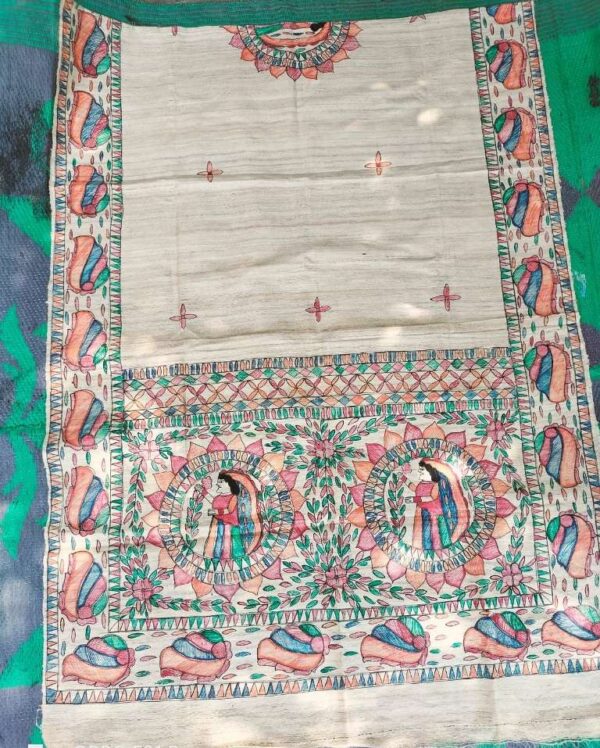 Tussar Ghicga Silk Hand Madhubani Painting Dupatta