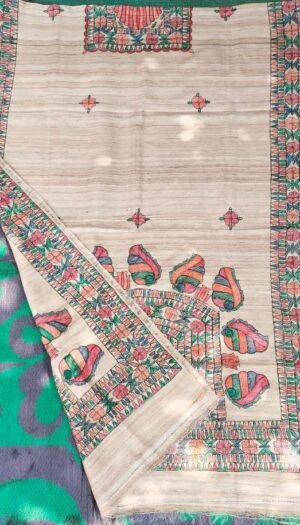 Tussar Ghicga Silk Hand Madhubani Painting Dupatta