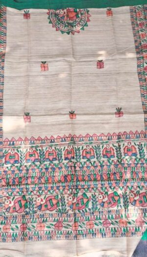 Tussar Ghicga Silk Hand Madhubani Painting Dupatta