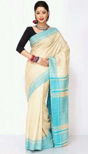Pure Handloom Tussar Ghicha Silk Strip Weavon Saree