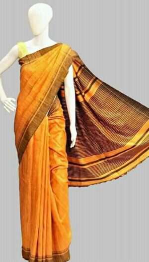 Pure Handloom Tussar Ghicha Silk Strip Weavon Saree