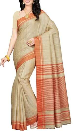 Pure Handloom Tussar Ghicha Silk Strip Weavon Saree