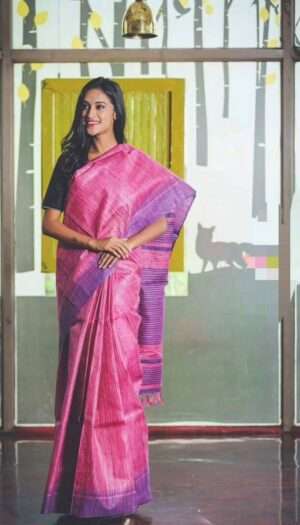 Pure Handloom Tussar Ghicha Silk Strip Weavon Saree