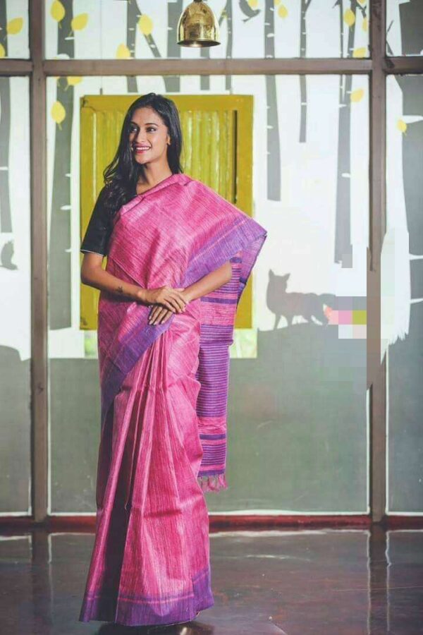 Pure Handloom Tussar Ghicha Silk Strip Weavon Saree