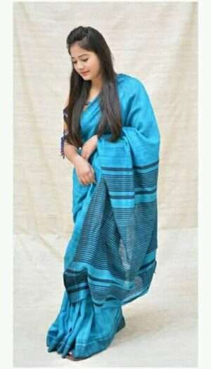 Pure Handloom Tussar Ghicha Silk Strip Weavon Saree