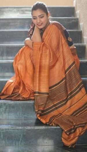 Pure Handloom Tussar Ghicha Silk Strip Weavon Saree
