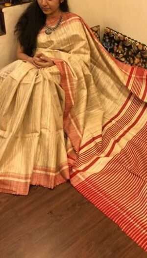 Pure Handloom Tussar Ghicha Silk Strip Weavon Saree