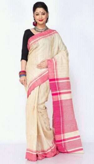 Pure Handloom Tussar Ghicha Silk Strip Weavon Saree