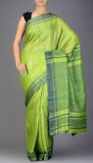 Pure Handloom Tussar Ghicha Silk Strip Weavon Saree