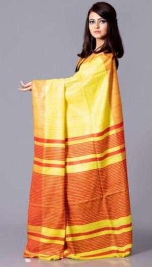 Pure Handloom Tussar Ghicha Silk Strip Weavon Saree
