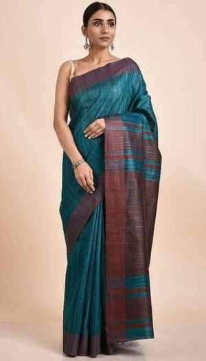 Pure Handloom Tussar Ghicha Silk Strip Weavon Saree