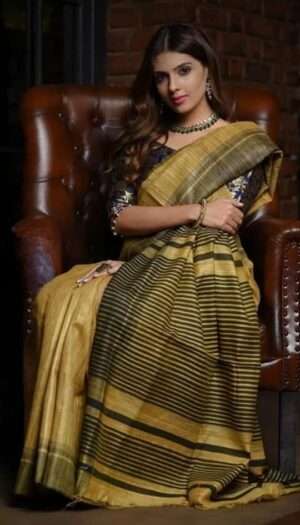Pure Handloom Tussar Ghicha Silk Strip Weavon Saree