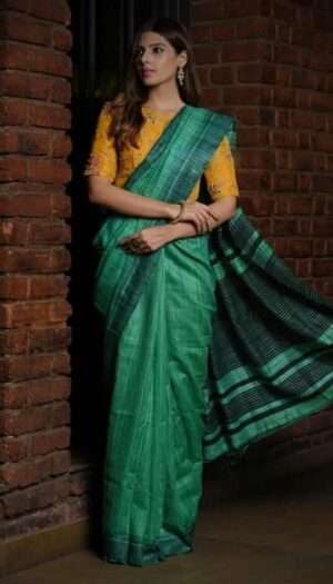 Pure Handloom Tussar Ghicha Silk Strip Weavon Saree