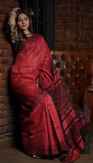 Pure Handloom Tussar Ghicha Silk Strip Weavon Saree
