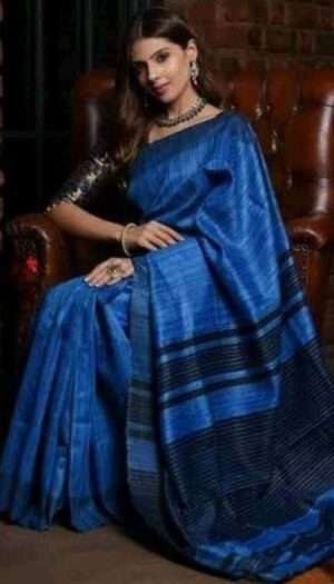 Pure Handloom Tussar Ghicha Silk Strip Weavon Saree