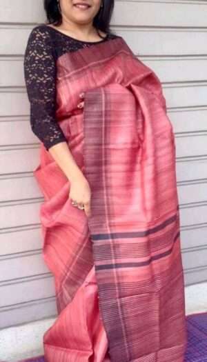 Pure Handloom Tussar Ghicha Silk Strip Weavon Saree