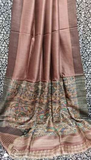 Tussar Ghicha Silk Pallu Madhubami Hand Painting Saree