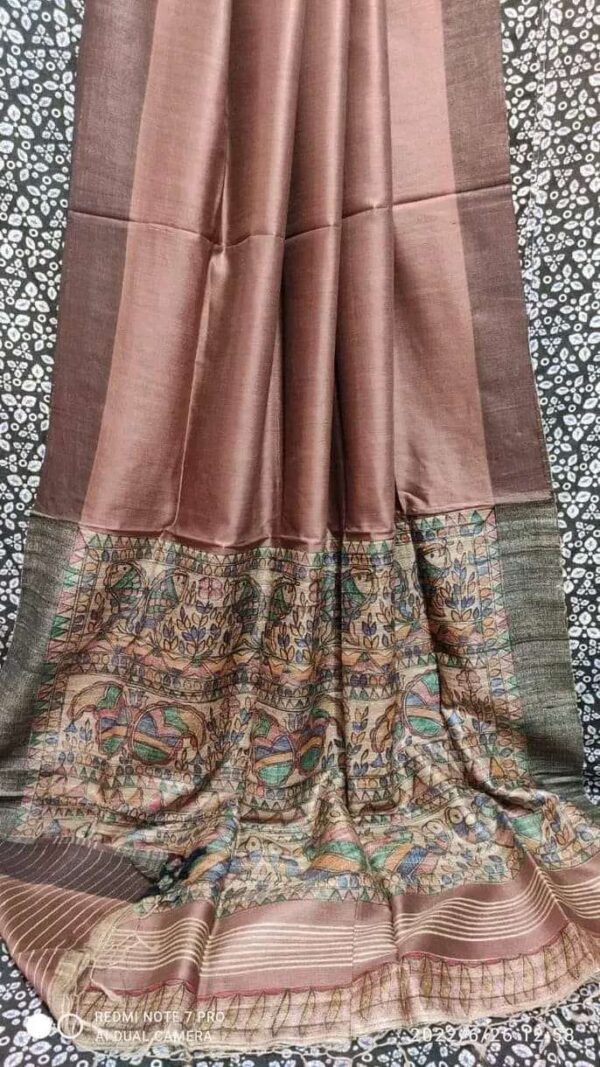 Tussar Ghicha Silk Pallu Madhubami Hand Painting Saree