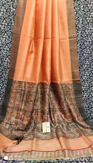 Tussar Ghicha Silk Pallu Madhubami Hand Painting Saree