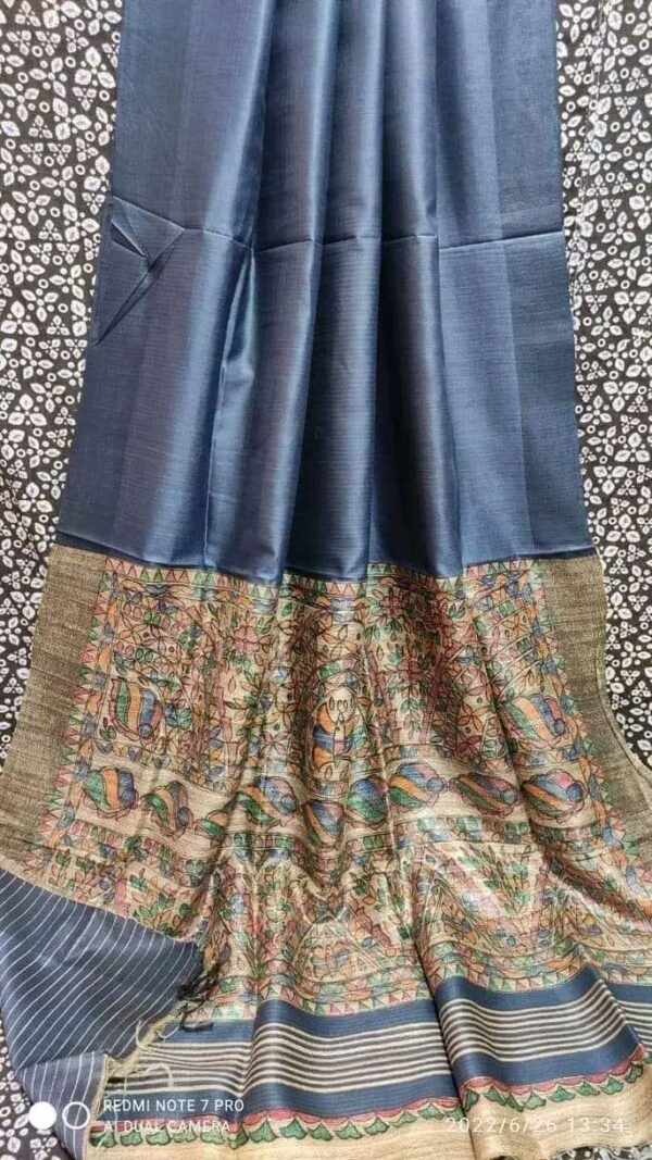 Tussar Ghicha Silk Pallu Madhubami Hand Painting Saree