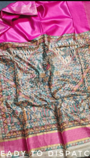 Tussar Ghicha Silk Pallu Madhubami Hand Painting Saree