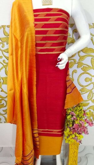 Tussar Dupion Silk Dress Material Top with Dupion Silk Dupatta and Cotton Silk Bottom