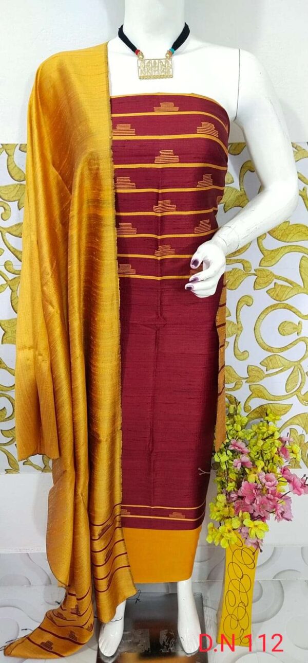 Tussar Dupion Silk Dress Material Top with Dupion Silk Dupatta and Cotton Silk Bottom