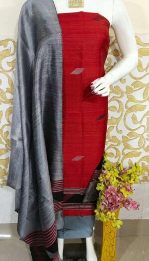 Tussar Dupion Silk Dress Material Top with Dupion Silk Dupatta and Cotton Silk Bottom