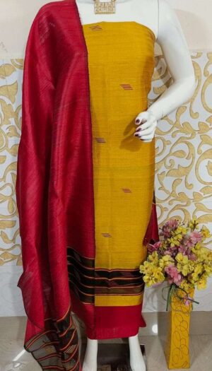 Tussar Dupion Silk Dress Material Top with Dupion Silk Dupatta and Cotton Silk Bottom