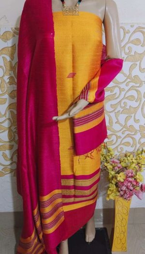 Tussar Dupion Silk Dress Material Top with Dupion Silk Dupatta and Cotton Silk Bottom