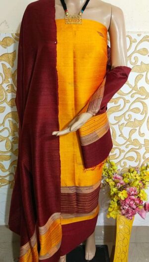 Tussar Dupion Silk Dress Material Top with Dupion Silk Dupatta and Cotton Silk Bottom