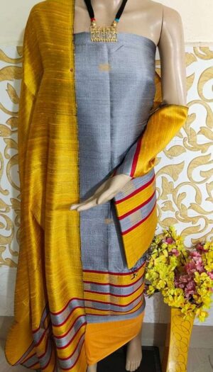 Tussar Dupion Silk Dress Material Top with Dupion Silk Dupatta and Cotton Silk Bottom
