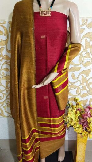Tussar Dupion Silk Dress Material Top with Dupion Silk Dupatta and Cotton Silk Bottom