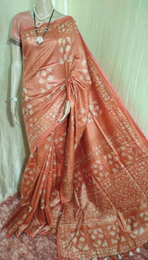Tussar Desi Silk Hand Batik Printed Saree