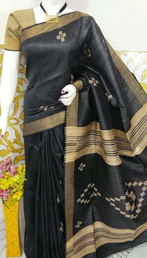 Bhagalpuri Tussar Dupion Silk Hand weavon Designer Saree Unstiched Blouse Saree