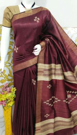 Bhagalpuri Tussar Dupion Silk Hand weavon Designer Saree Unstiched Blouse Saree