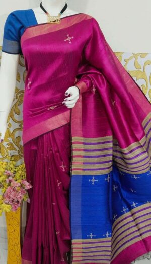 Bhagalpuri Tussar Dupion Silk Hand weavon Designer Saree Unstiched Blouse Saree