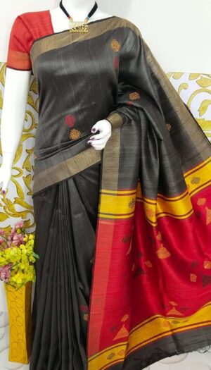 Bhagalpuri Tussar Dupion Silk Hand weavon Designer Saree Unstiched Blouse Saree