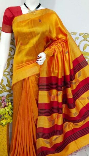 Bhagalpuri Tussar Dupion Silk Hand weavon Designer Saree Unstiched Blouse Saree