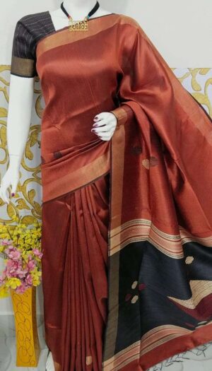 Bhagalpuri Tussar Dupion Silk Hand weavon Designer Saree Unstiched Blouse Saree