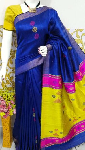 Bhagalpuri Tussar Dupion Silk Hand weavon Designer Saree Unstiched Blouse Saree