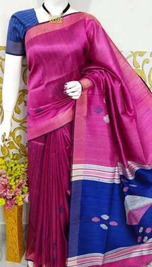 Bhagalpuri Tussar Dupion Silk Hand weavon Designer Saree Unstiched Blouse Saree