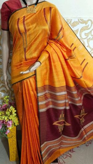 Bhagalpuri Tussar Dupion Silk Hand weavon Designer Saree Unstiched Blouse Saree