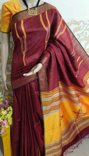 Bhagalpuri Tussar Dupion Silk Hand weavon Designer Saree Unstiched Blouse Saree