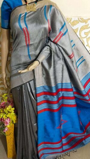 Bhagalpuri Tussar Dupion Silk Hand weavon Designer Saree Unstiched Blouse Saree