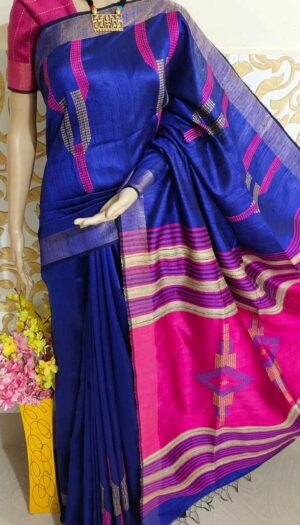 Bhagalpuri Tussar Dupion Silk Hand weavon Designer Saree Unstiched Blouse Saree