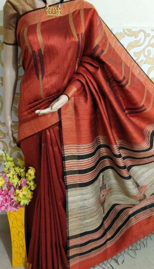 Bhagalpuri Tussar Dupion Silk Hand weavon Designer Saree Unstiched Blouse Saree