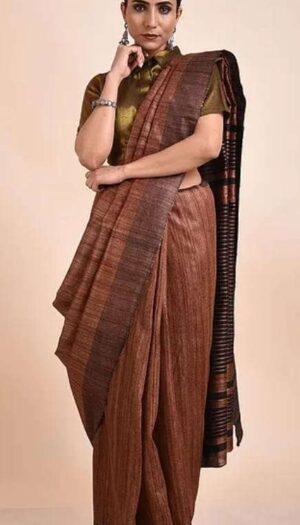 Pure Handloom Tussar Ghicha Silk Strip Weavon Saree