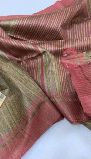 Pure Handloom Tussar Ghicha Silk Strip Weavon Saree